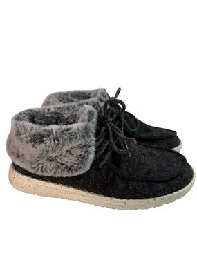 Hey Dude Britt Black Faux Fur Collar Ankle Booties Size 6